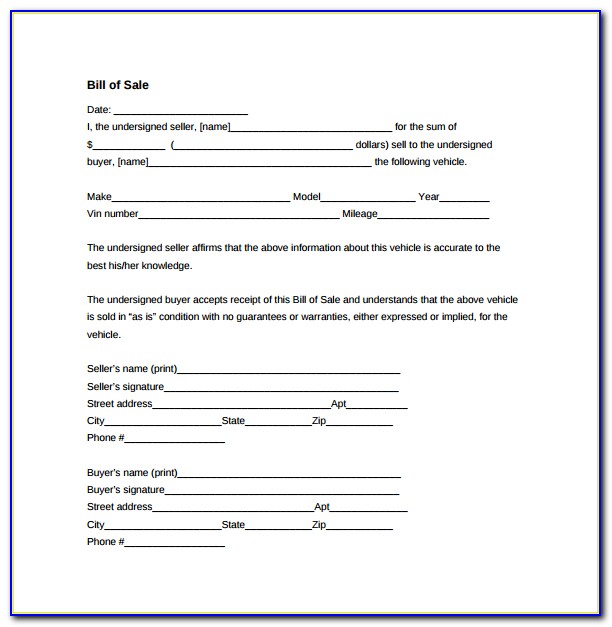 Blank Vehicle Bill Of Sale Template Fillable Pdf