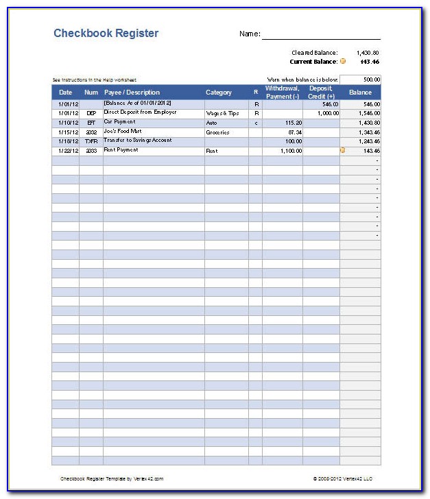 Checkbook Register Template Printable