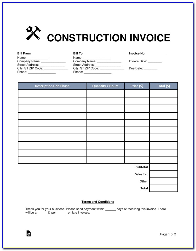 Construction Invoice Template Pdf