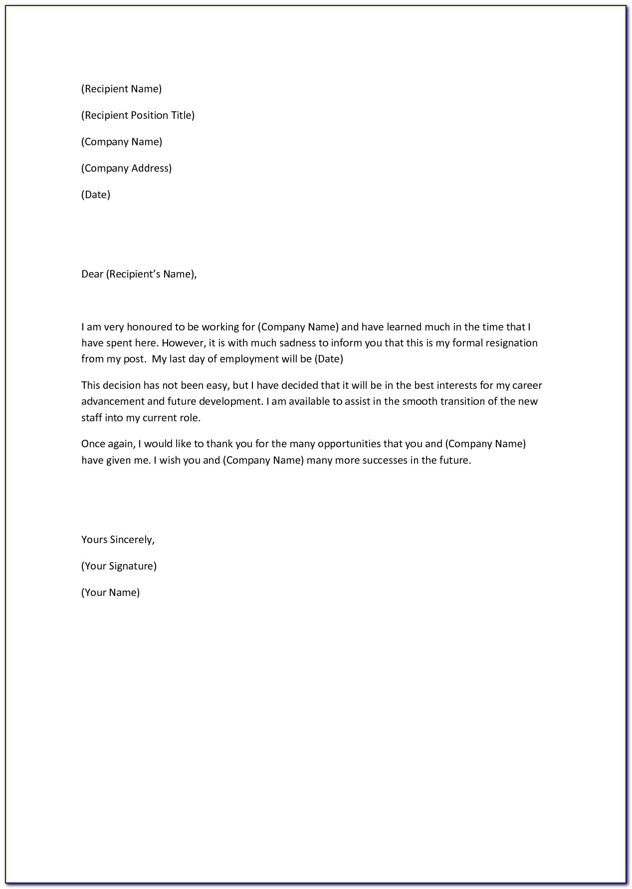 Free Letter Of Resignation Template Uk