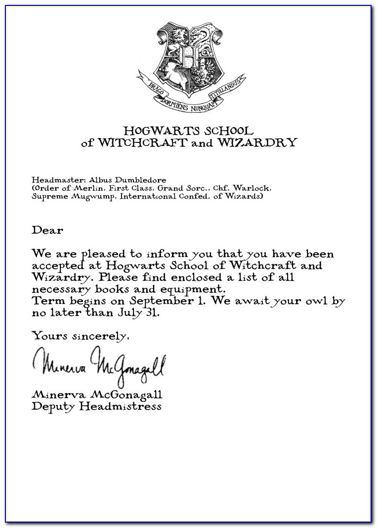 Hogwarts Acceptance Letter Template Microsoft Word