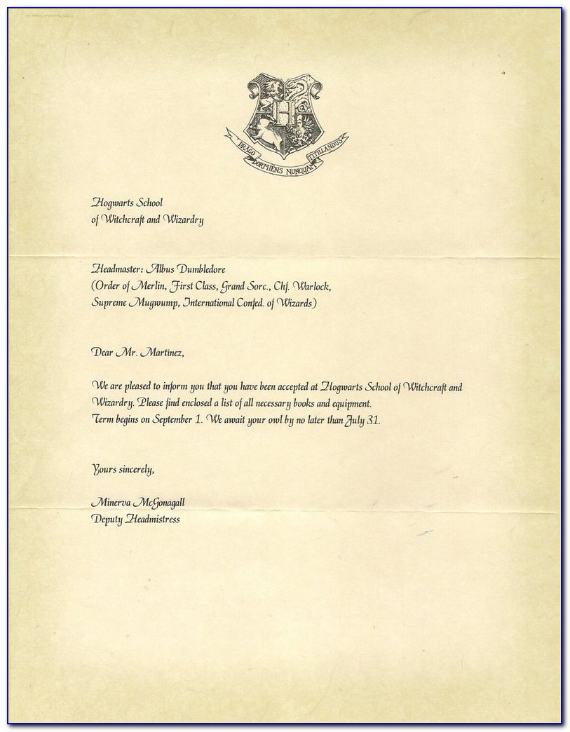Hogwarts Acceptance Letter Template Word