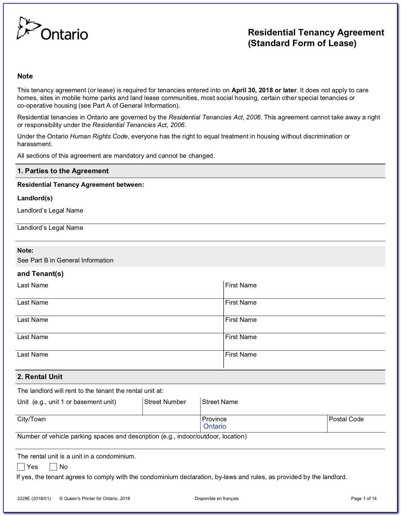 House Rental Lease Agreement Form Ontario