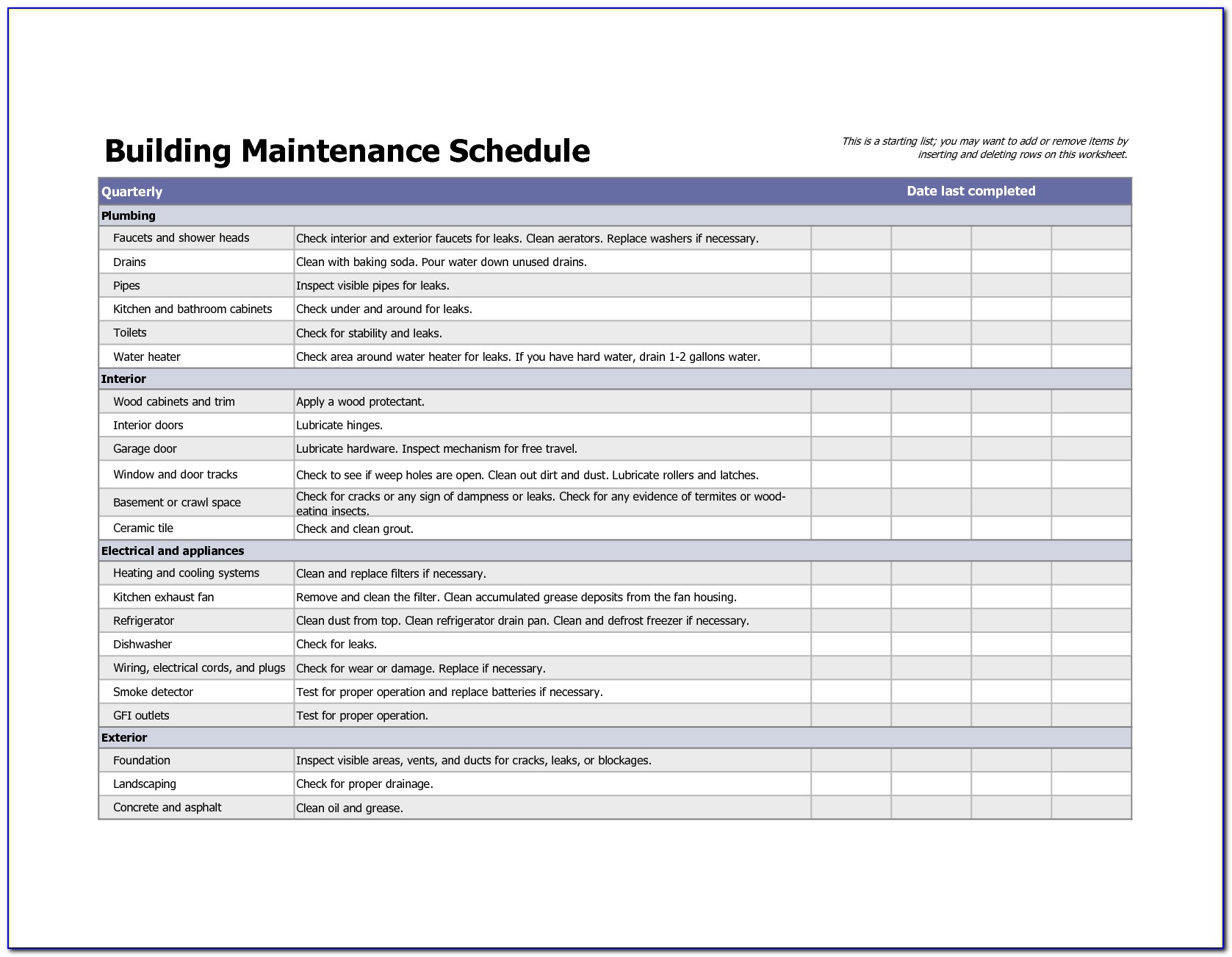 Maintenance Schedule Template Excel Free