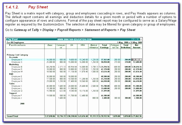 Excel Templates For Payroll Ssife Luxury E Payroll Sheet Report In Tally9 Accounting Software
