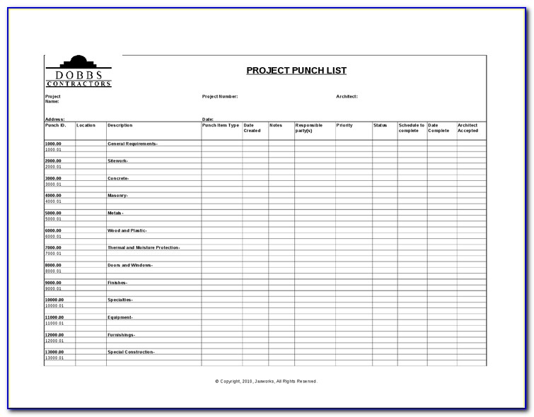 Project Punch List Template