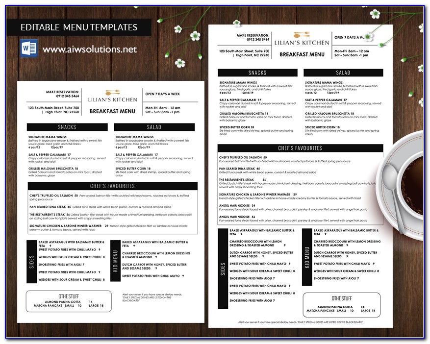 Restaurant Menu Template Free Google Docs