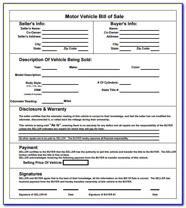Simple Vehicle Bill Of Sale Template Fillable Pdf
