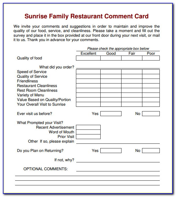 Comment Card Template Restaurant