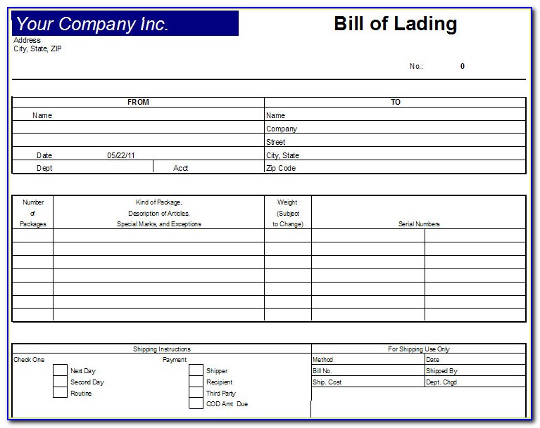 Free Bill Of Lading Template Canada