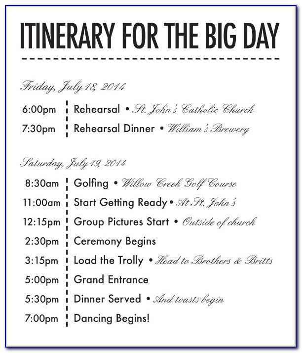 Free Downloadable Wedding Itinerary Template