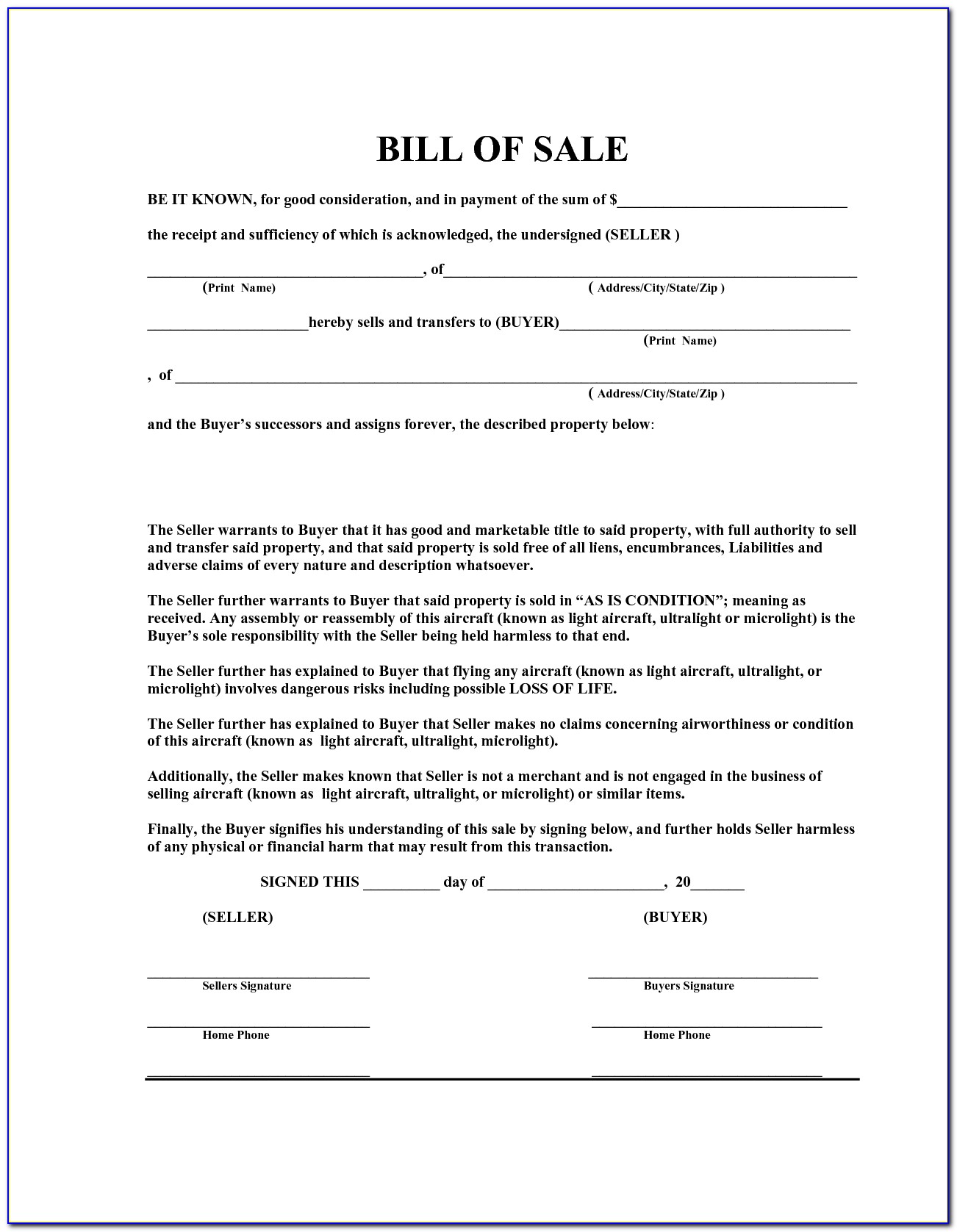 Free General Bill Of Sale Template Word