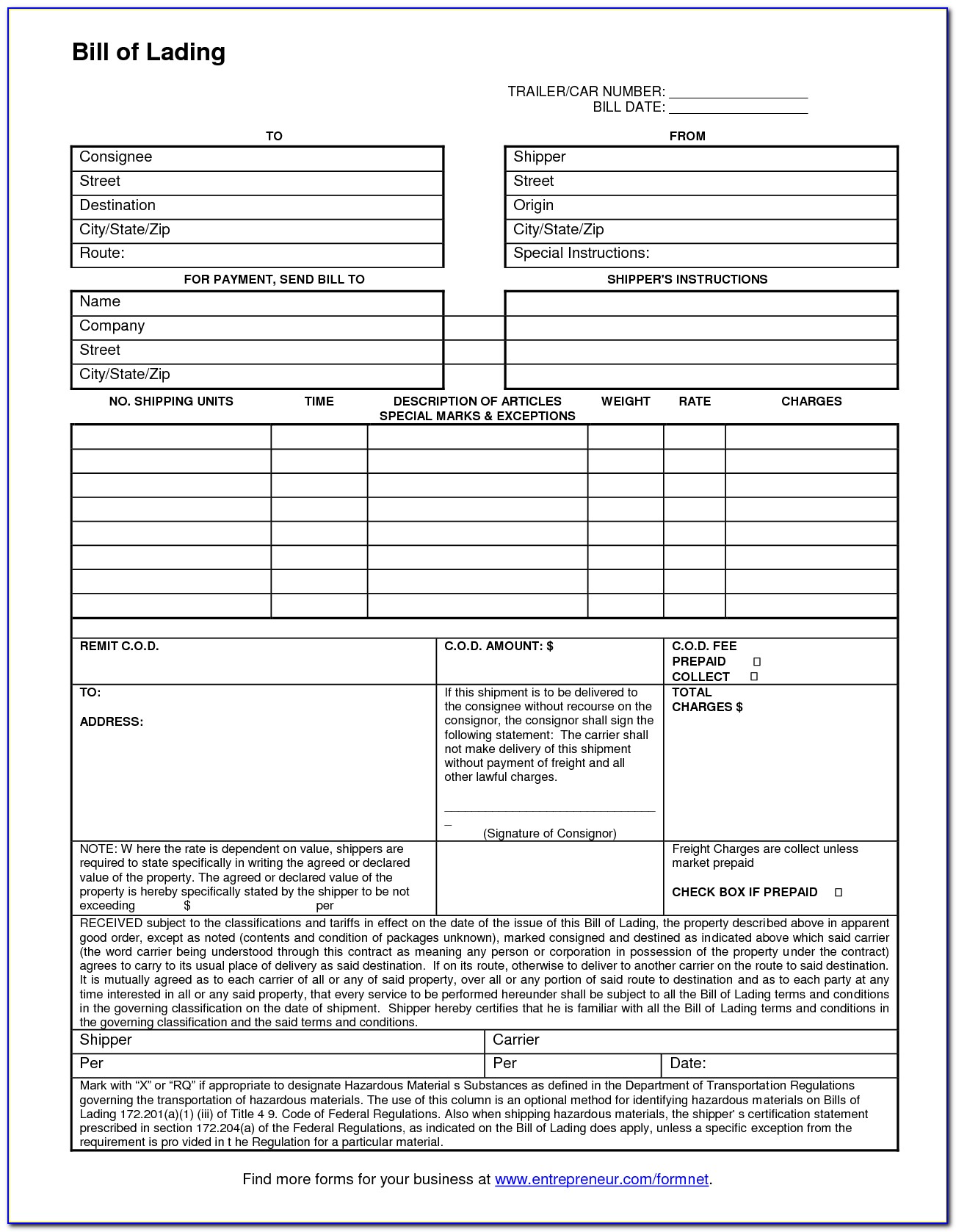 Free Vehicle Bill Of Lading Template