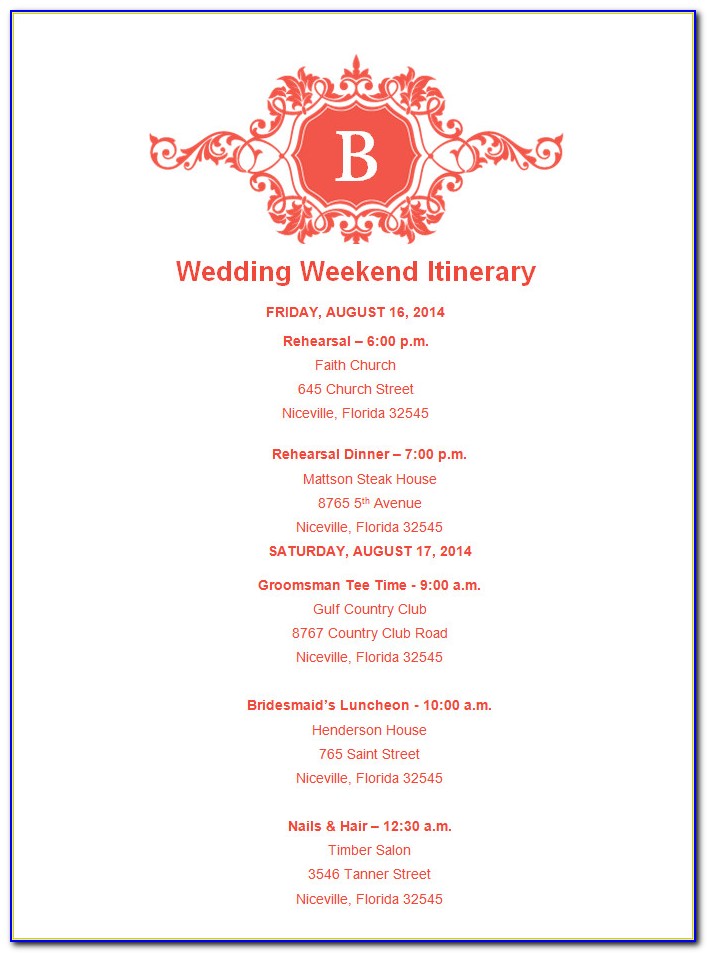 Indian Wedding Itinerary Template Free