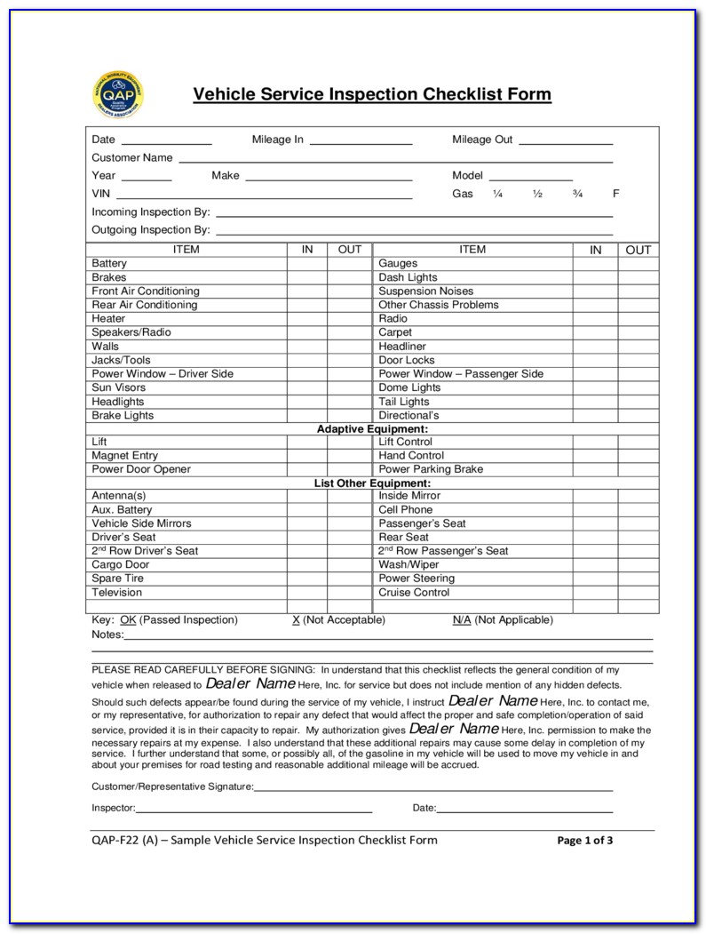 Monthly Vehicle Inspection Form Template