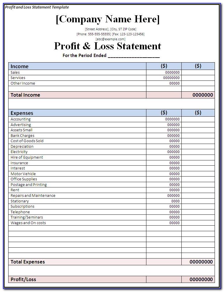 Personal Profit And Loss Statement Template Excel