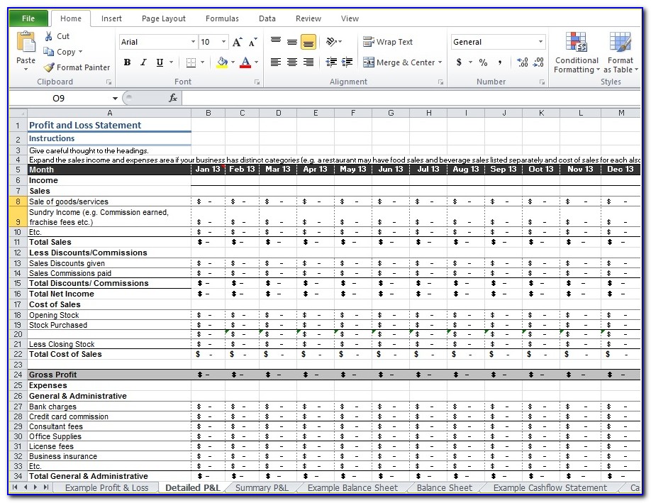 P&l Statement Template Excel