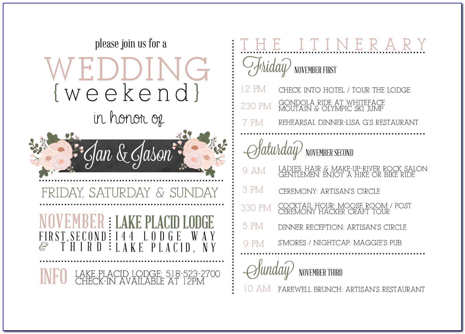 Wedding Weekend Itinerary Template Free