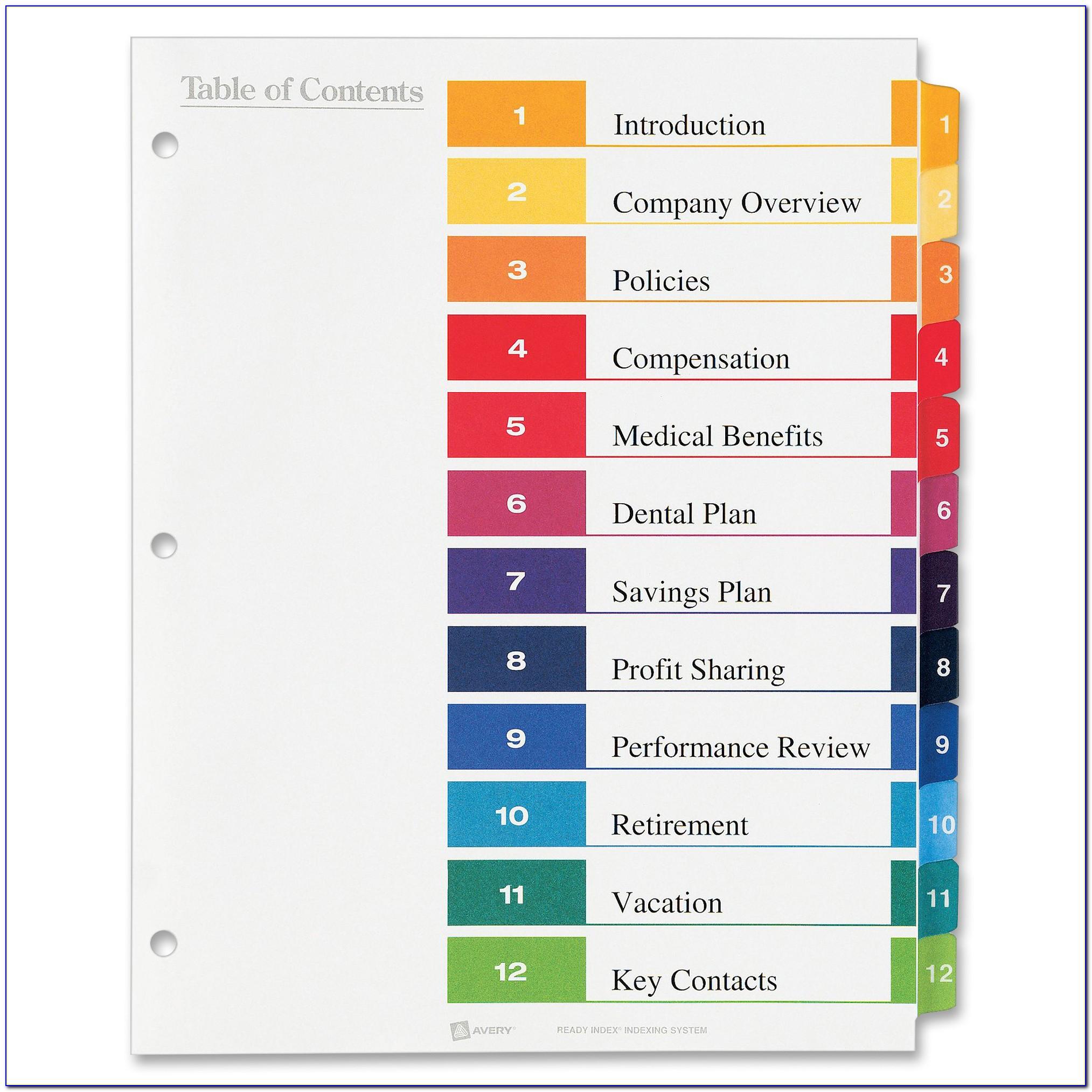 Avery Table Of Contents Template 12 Tab