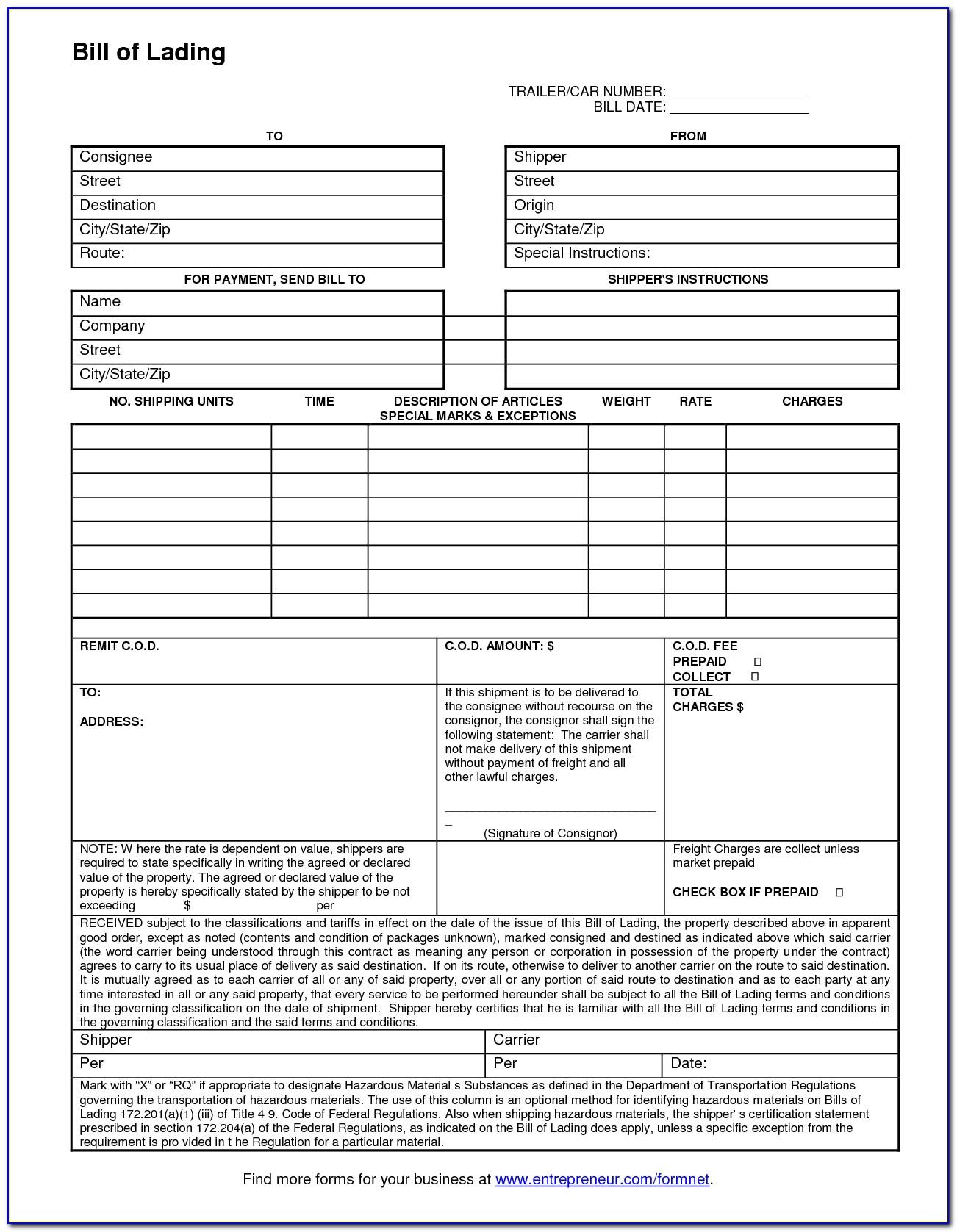 Straight Bill Of Lading Template Canada