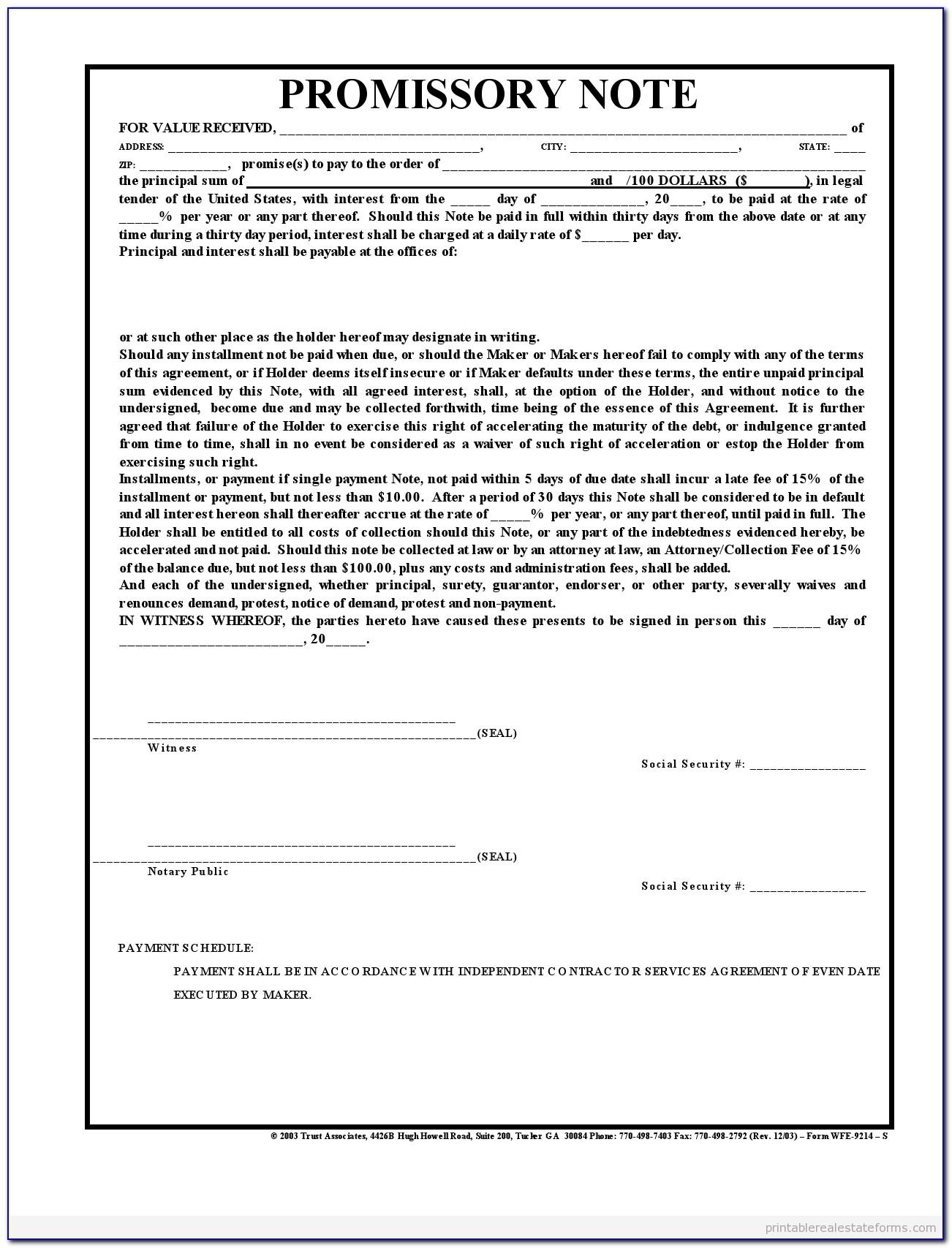 Texas Real Estate Promissory Note Form