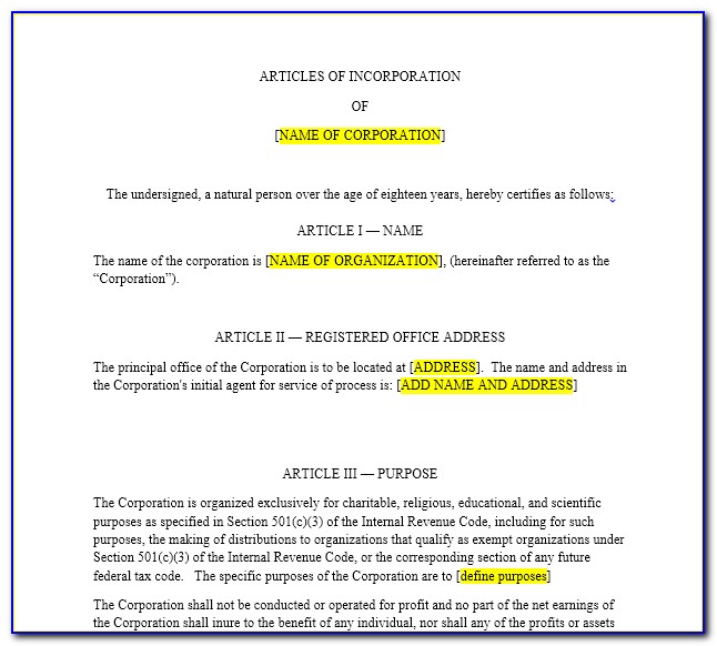 Articles Of Incorporation Llc Template