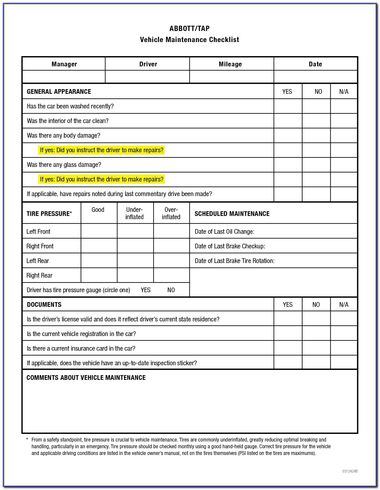 Automotive Service Checklist Form