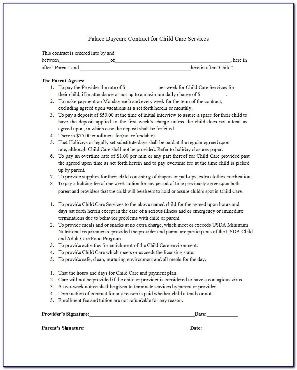 Child Care Contract Format