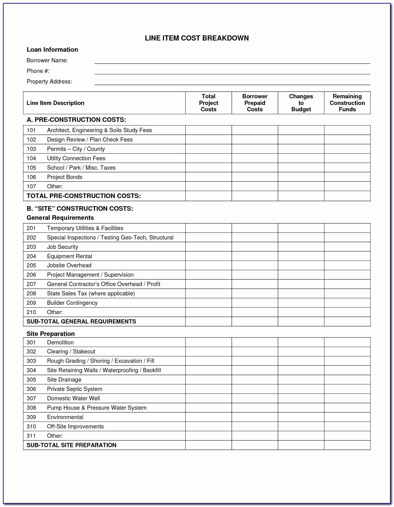 Construction Cost Breakdown Template Free