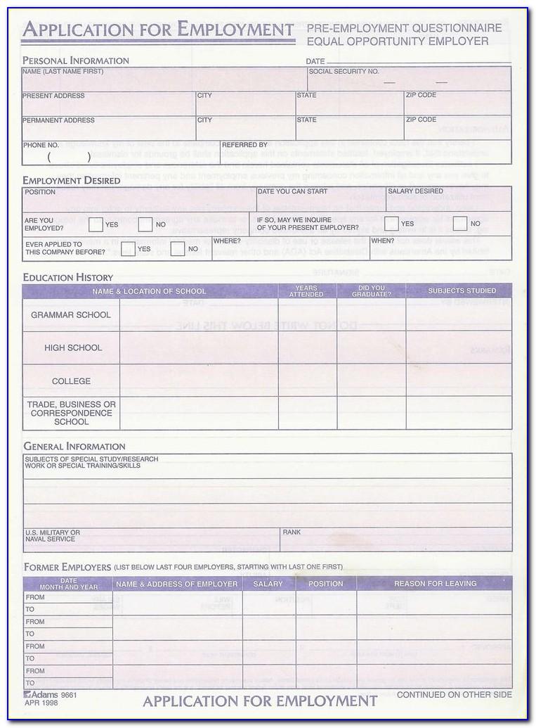 Employment Applications Printable Template