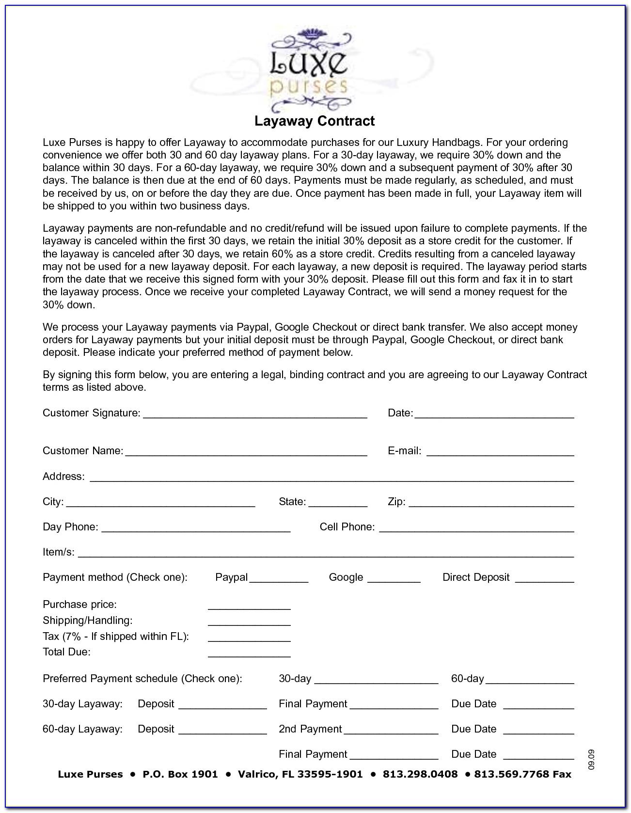 Free Layaway Agreement Template