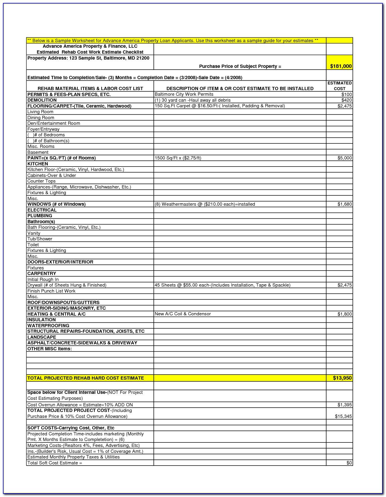 New Construction Cost Breakdown Template
