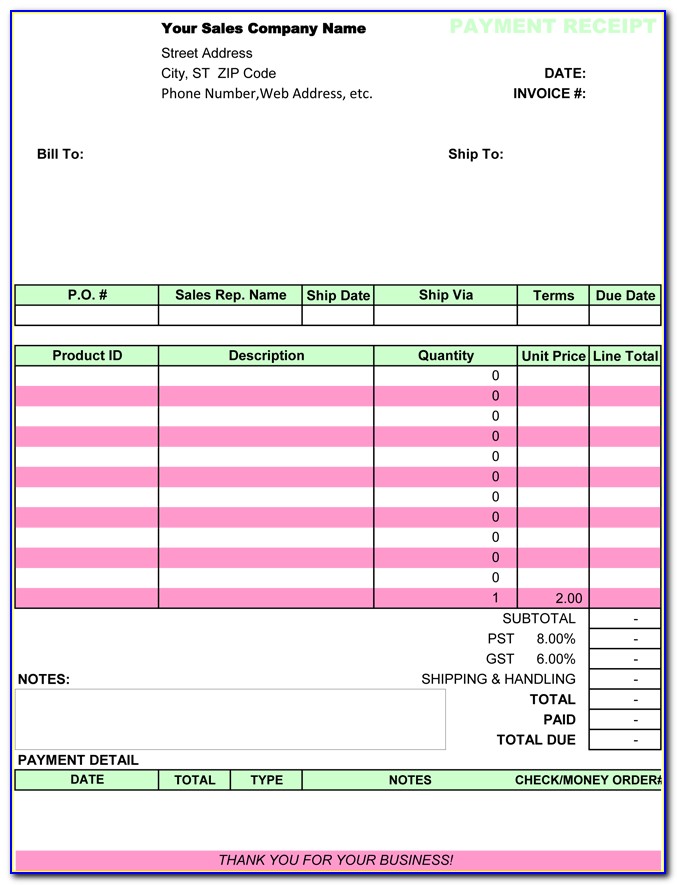 Payment Receipt Template Excel