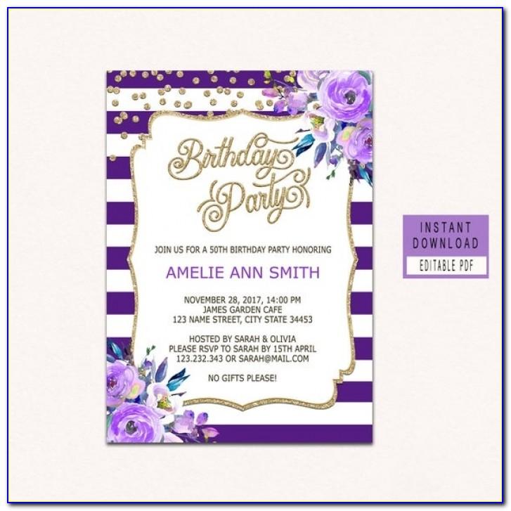 Purple And Silver Birthday Invitation Template