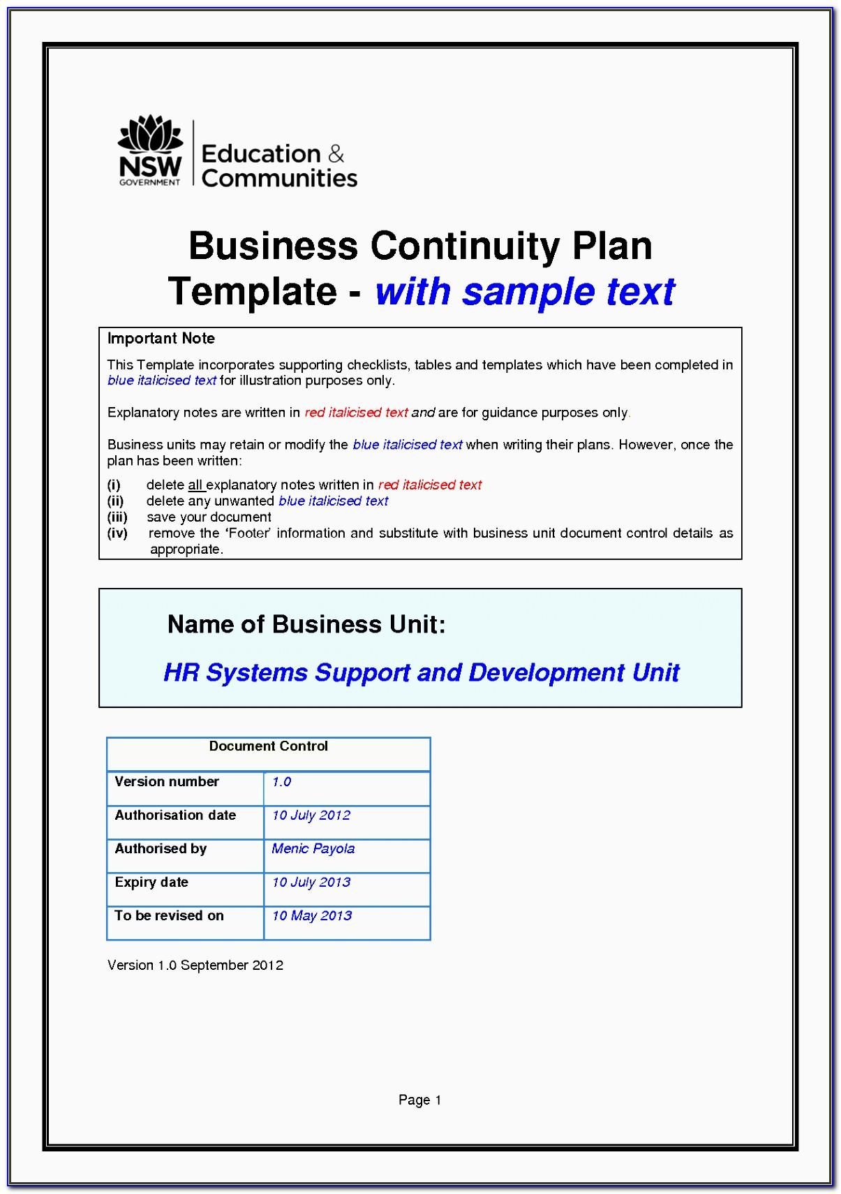 Simple Business Continuity Plan Template Australia