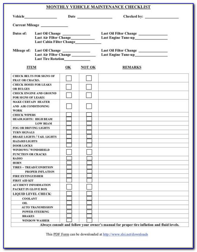 Truck Maintenance Checklist Form