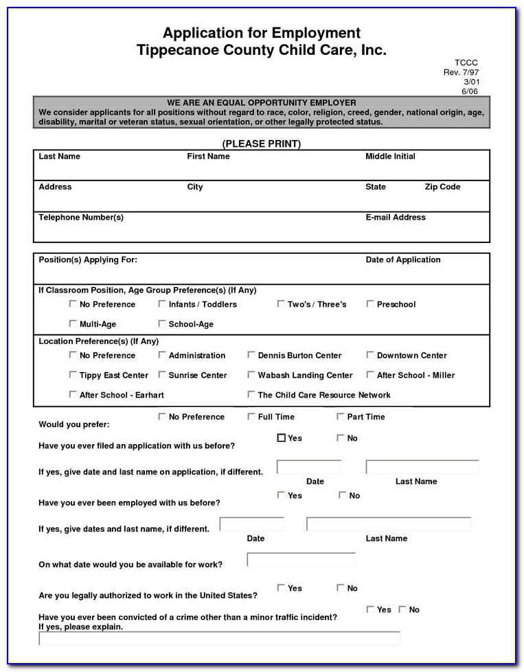 Daycare Employment Application Template