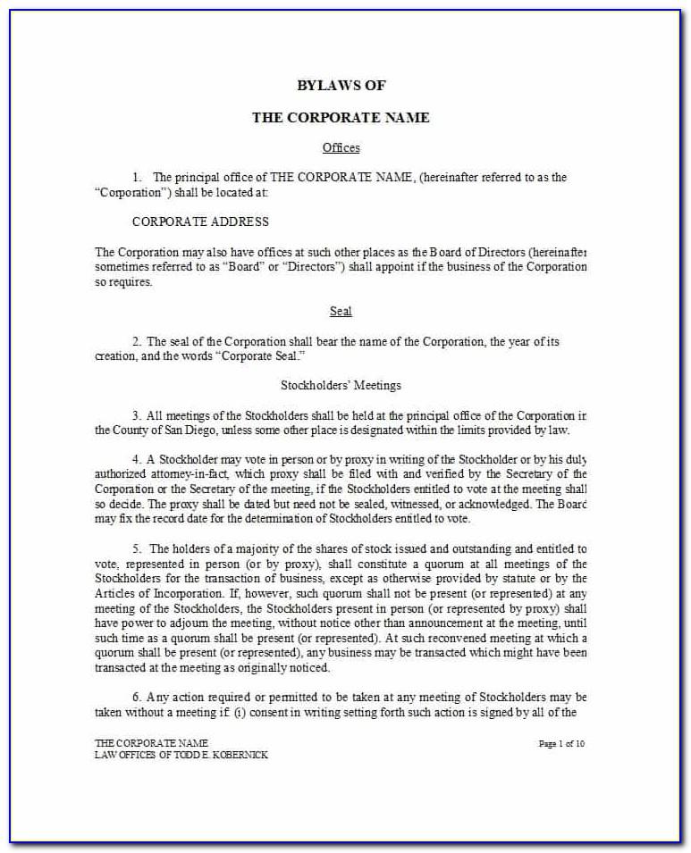 Incorporation Bylaws Template