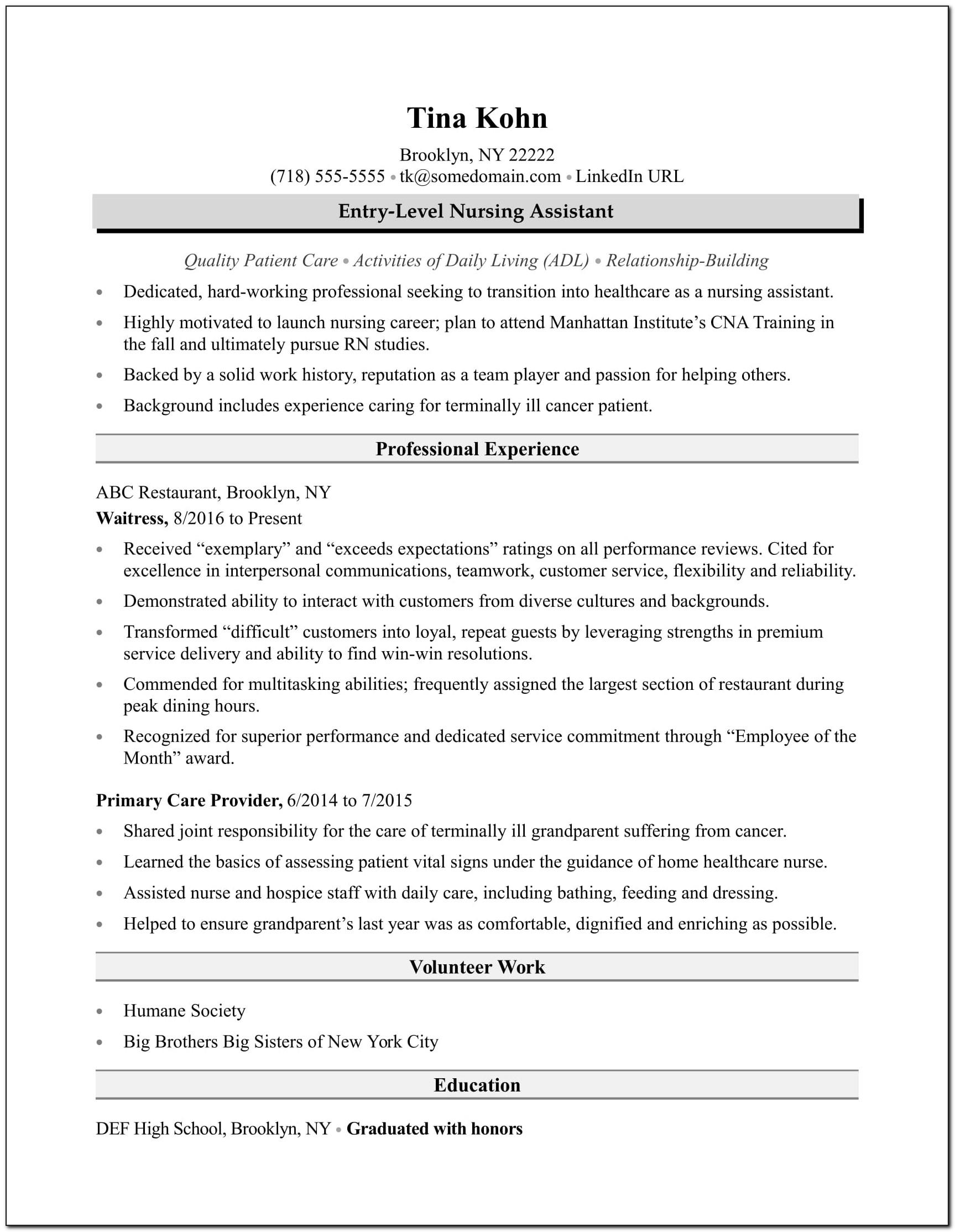 Resume Example For Nursing Assistant