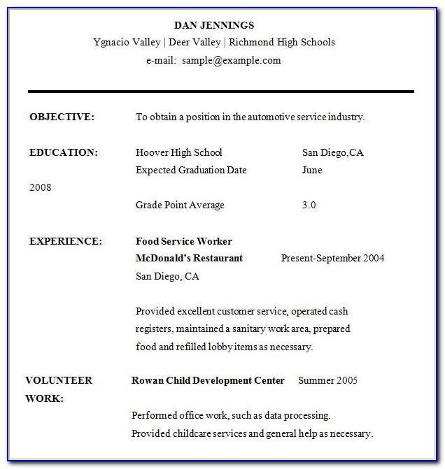 Resume Template For High School Student Applying To College