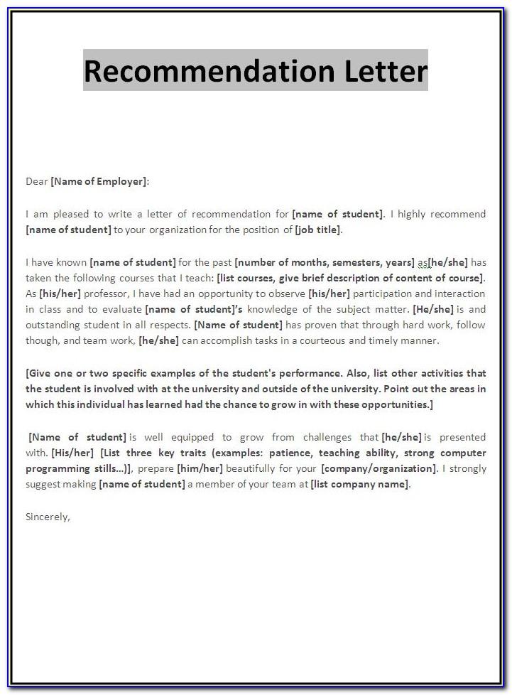 Free Template For Personal Letter Of Recommendation