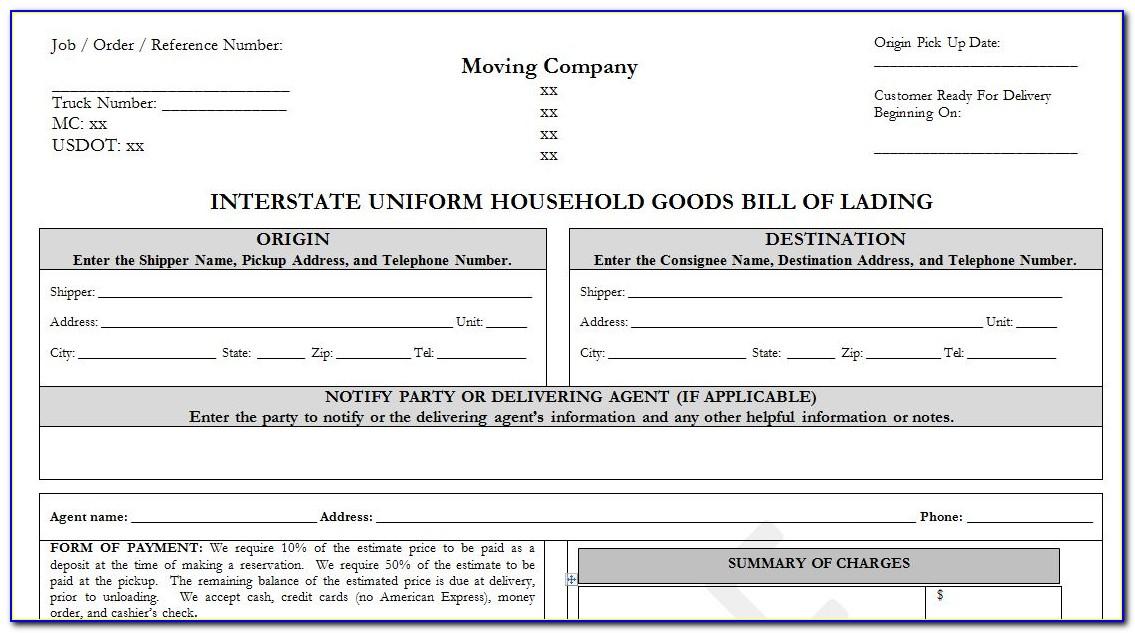 Movers Bill Of Lading Form