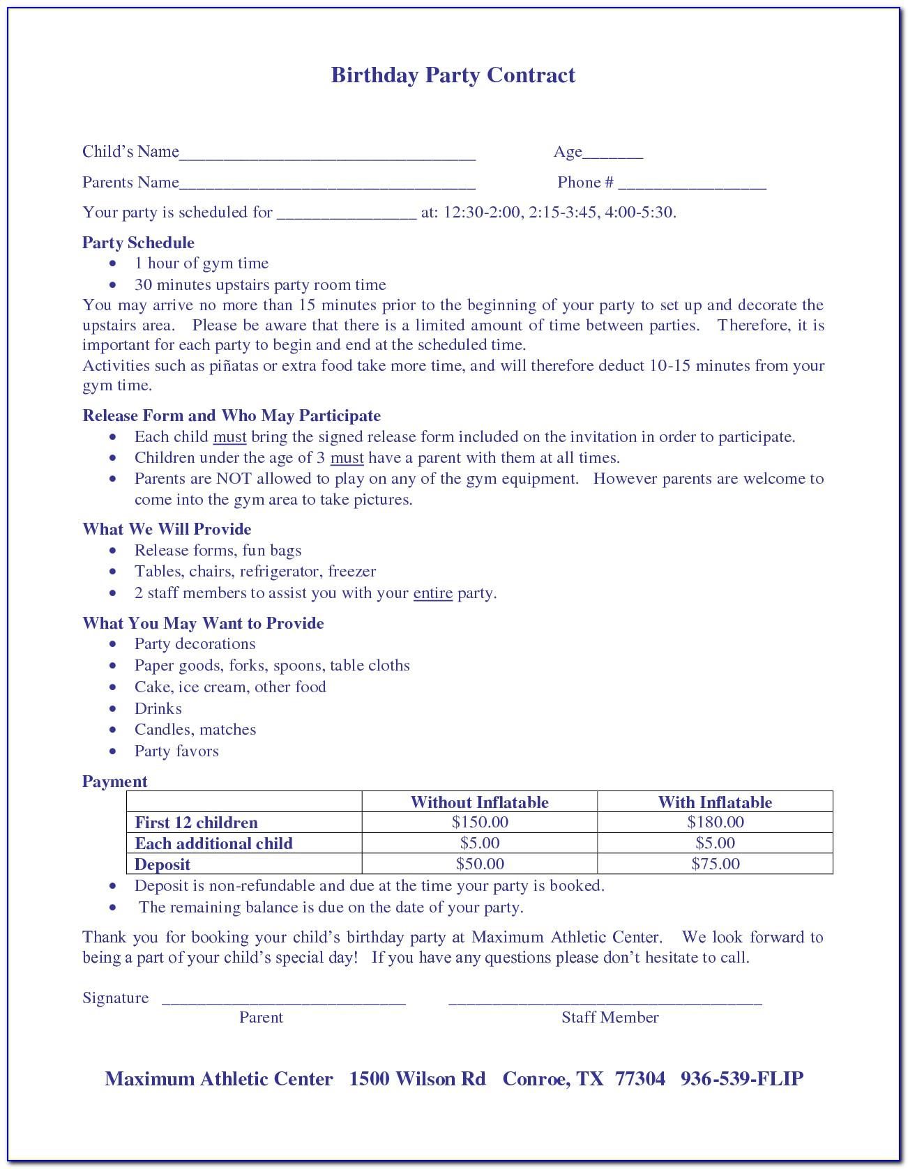 Birthday Party Contract Template