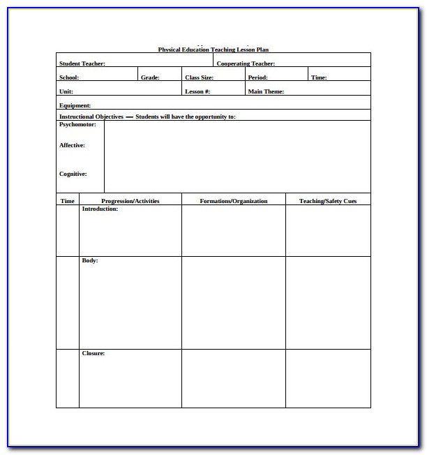 Blank Lesson Plan Template For Physical Education