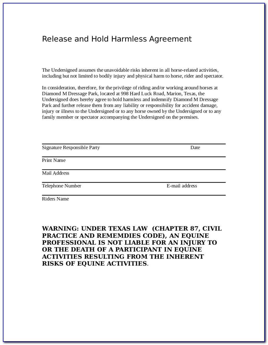 Equine Hold Harmless Agreement Template