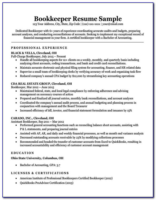 Full Charge Bookkeeper Resume Template