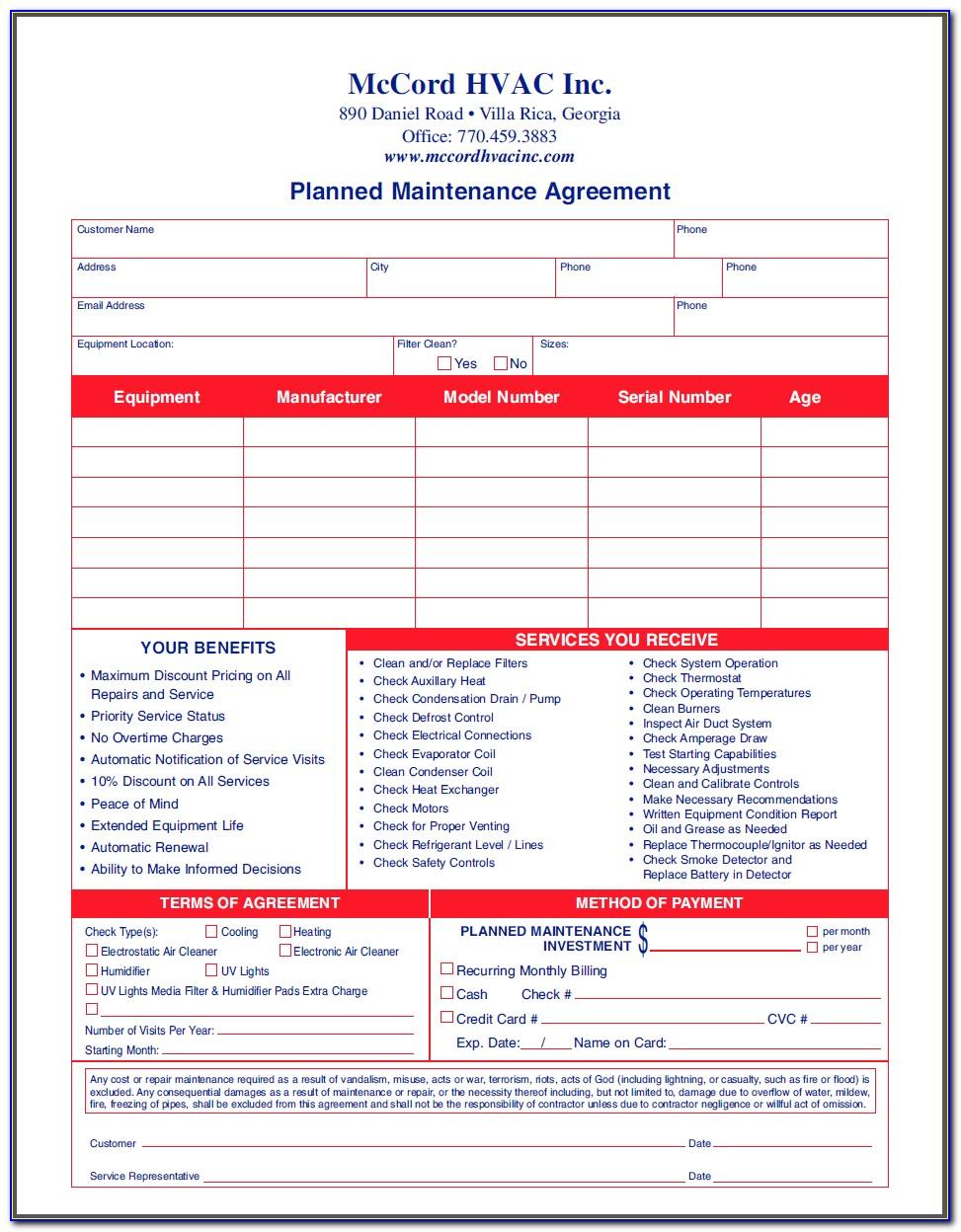 Hvac Maintenance Agreement Forms Free