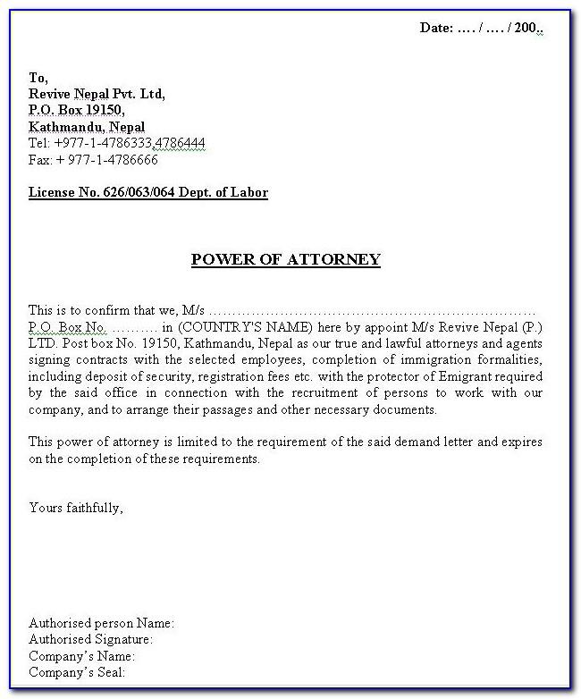 Sample Power Of Attorney Letter