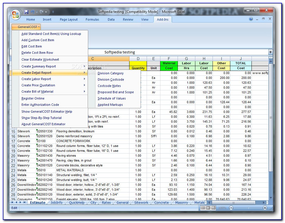 Construction Estimating Excel Spreadsheet Template