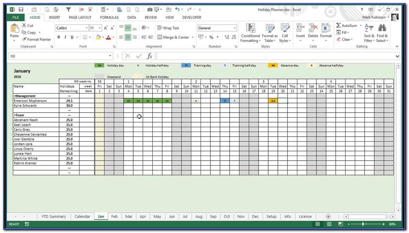 Employee Vacation Planner Template Excel 2018